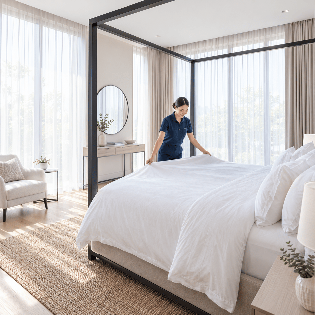 A freshly made bed in a bright, styled room