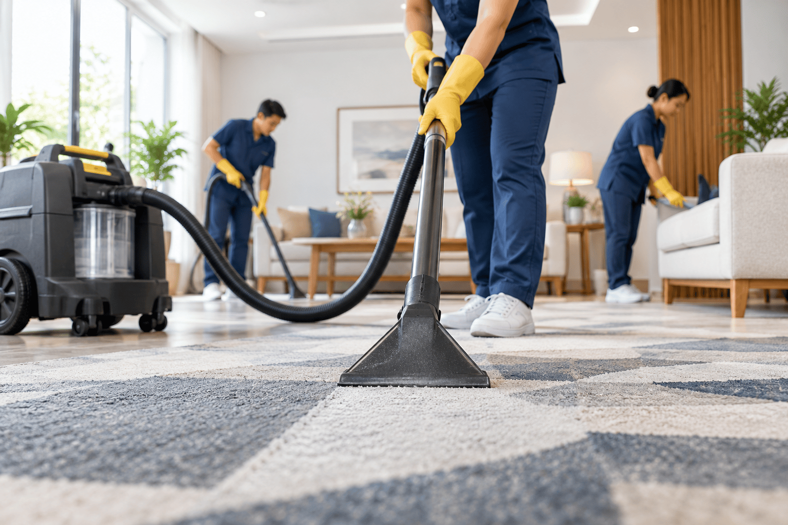 Three people cleaning the room.
