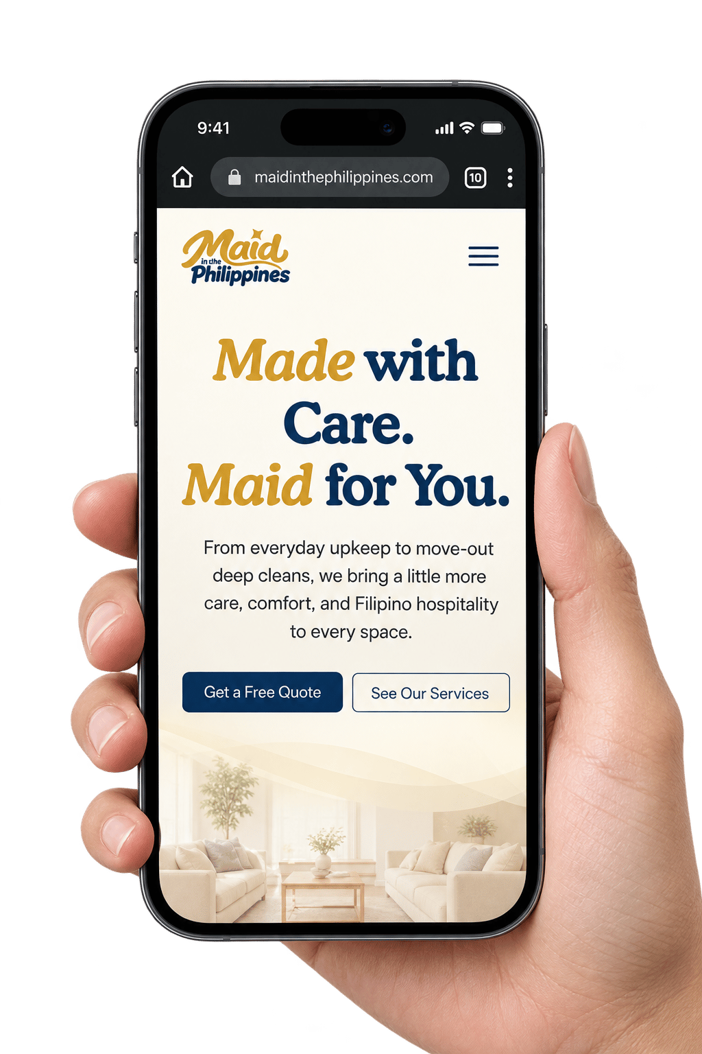 A hand holding a phone showing the Maid in the Philippines website