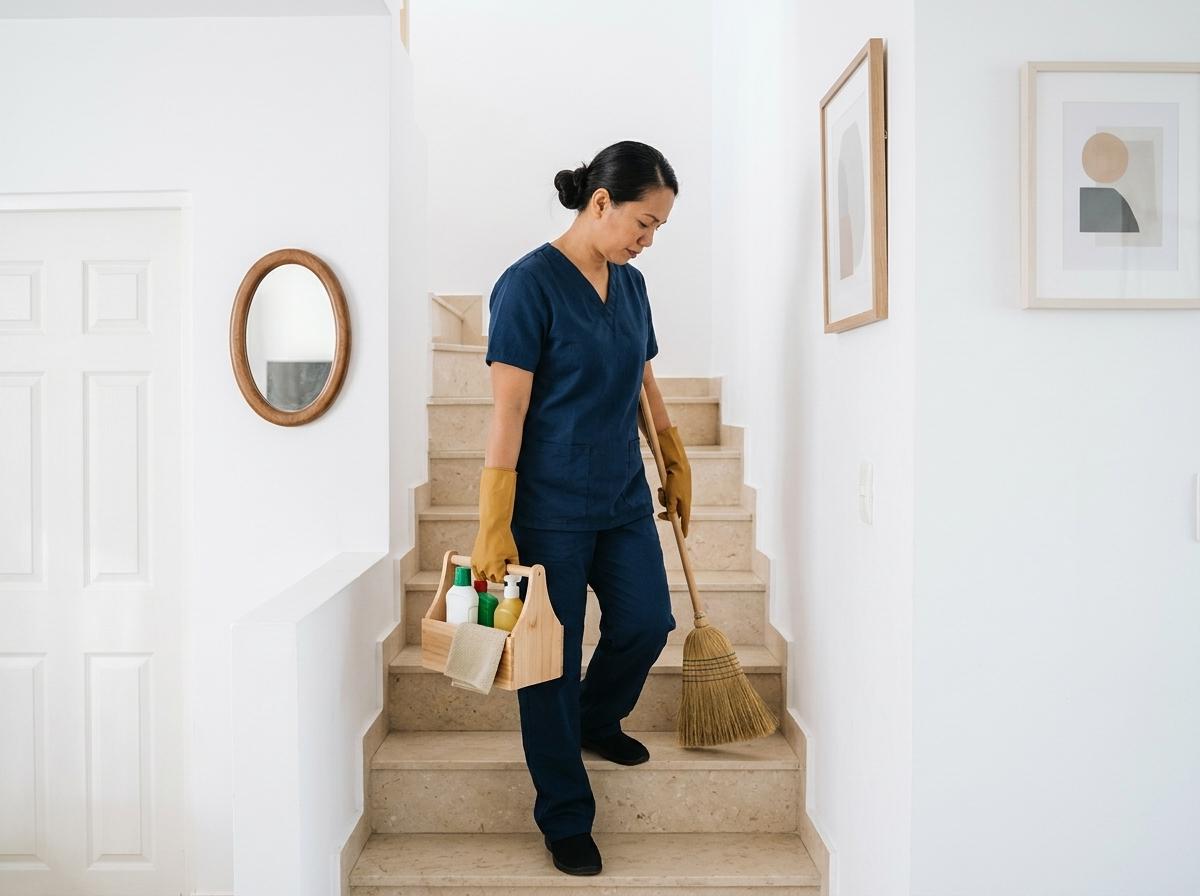 A woman with cleaning materials in the staircase.